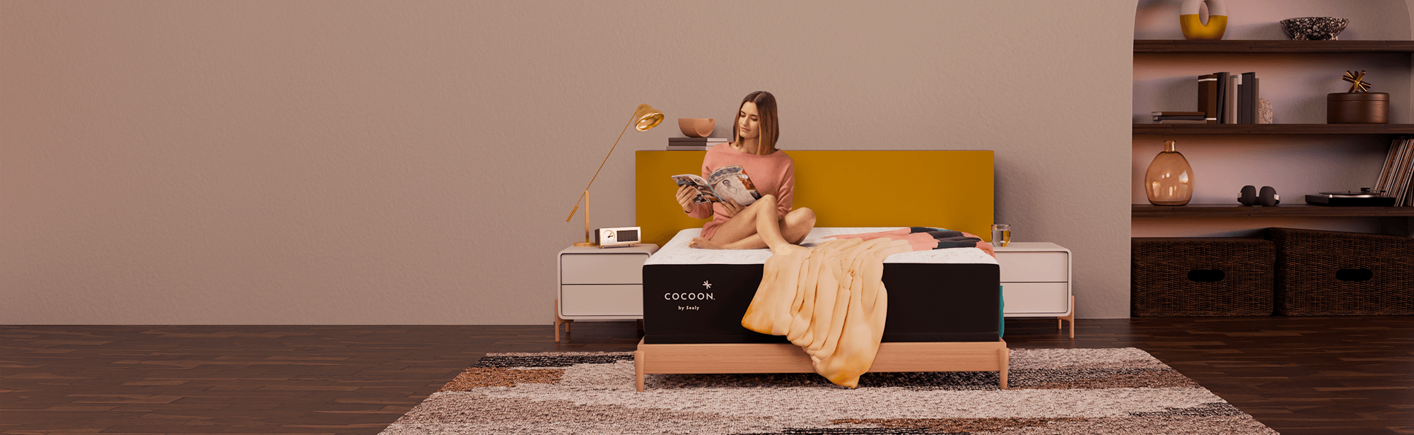 Woman sitting on Cocoon mattress in styled room reading Double Button Extended